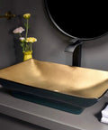 No Fuss Slick Finish Porcelain Vessel Sink For Above Counter Bathroom Vanities Scratch Stain Resistant Ceramic Art Basin with gold and black design.