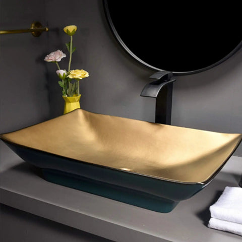 No Fuss Slick Finish Porcelain Vessel Sink For Above Counter Bathroom Vanities Scratch Stain Resistant Ceramic Art Basin with gold and black design.