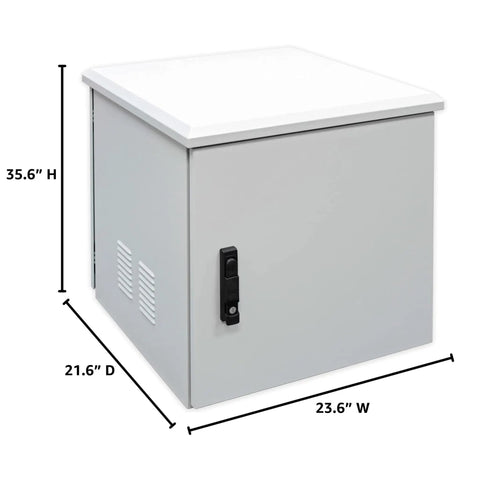 Roll Out Your Setup With This Tough As Nails 18U Outdoor Cabinet That Handles Mother Nature Like A Boss While Keeping IP55 Weatherproof Protection For Every Network Device Floor Mount Rack Includes Dual Doors Fan And Tight Lock Mechanism. 35.6 inch high outdoor network cabinet.