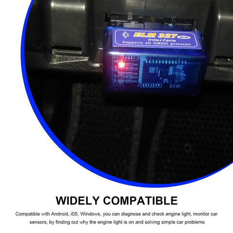 Close-up of Two Pack Bluetooth OBD2 Diagnostic Scanner Kit for Android and Windows plugged into a car's OBD2 port