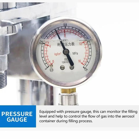 Pro Grade Manual Aerosol Spray Filling Machine Featuring Slick Built In Pressure Gauge displaying pressure for precise filling.