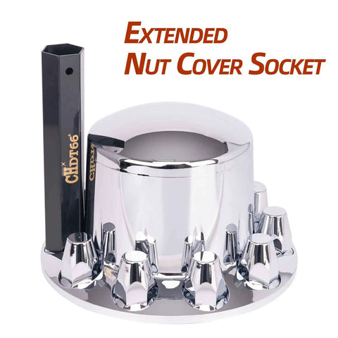 Chrome Wheel Cover Set For Semi Trucks 33mm Lug Nut Covers with installation tool, dome top, durable ABS, chrome finish.