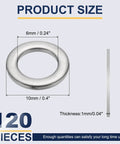 Top Shelf M6 Flat Washers 304 Stainless Steel 120 Pack 6mm ID 10mm OD Heavy Duty washers showing dimensions for DIY repairs.