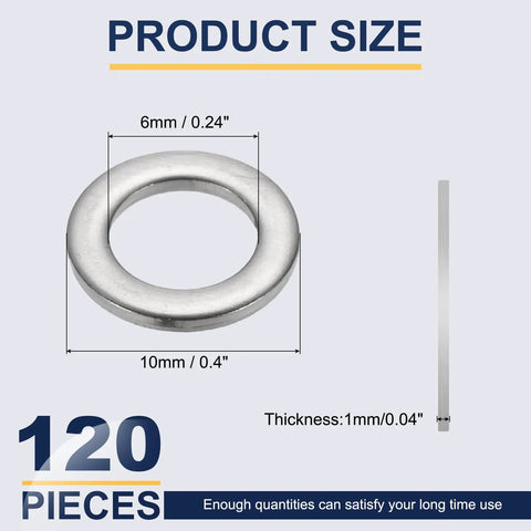Top Shelf M6 Flat Washers 304 Stainless Steel 120 Pack 6mm ID 10mm OD Heavy Duty washers showing dimensions for DIY repairs.