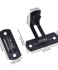 Barn Door Lock With Stainless Steel 90 Degree Right Angle Latch for Doors and Windows, showing dimensions and black finish