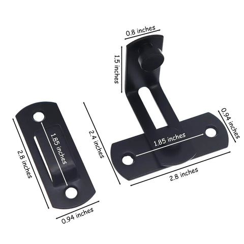 Barn Door Lock With Stainless Steel 90 Degree Right Angle Latch for Doors and Windows, showing dimensions and black finish