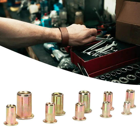 300 Pcs Carbon Steel Rivet Nut Kit with Color Zinc Plated Finish in workshop setting