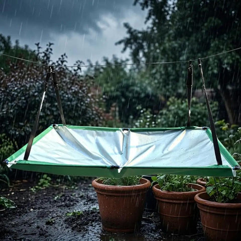 Rain Catcher Kit For Garden And Lawn Water Harvesting Cloth With Hose, Outdoor Rainwater Collection System hanging in garden
