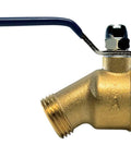 Side view of M76QT 3/4-Inch Quarter Turn Hose Bibb FIP 2-Port Brass Ball Valve With Full-Port Design, brass construction, blue lever handle