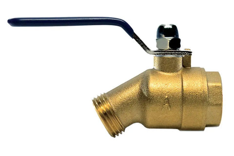Side view of M76QT 3/4-Inch Quarter Turn Hose Bibb FIP 2-Port Brass Ball Valve With Full-Port Design, brass construction, blue lever handle