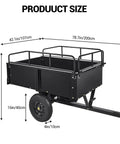 Beefy 750 Lbs Capacity ATV Dump Cart With Quick Release Dump, Heavy Duty Tow Behind Garden Trailer shown with dimensions and steel frame