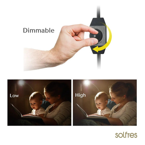 Hand adjusting dimmer on No Drill Headboard Reading Light With Dimmable LED, Gold Finish. Two scenes showing light levels for reading.