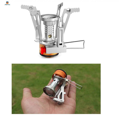 Lightweight Portable Camping Stove With Piezo Ignition, Wind Resistant Backpacking Camp Stove in a hand showing size