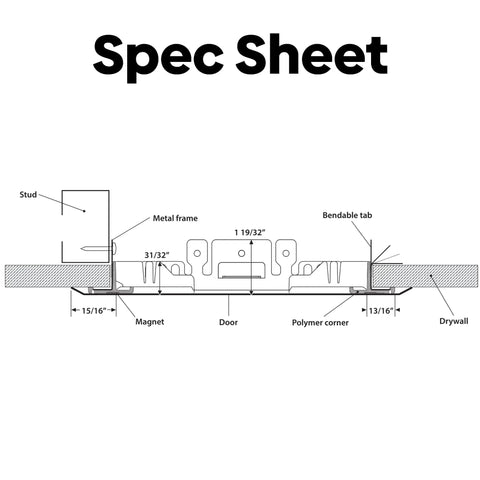 Spec sheet diagram showcasing dimensions and components of No Sweat 10.5 X 12 Inch Magnetic Wall Access Panel.