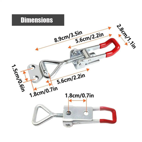 Image showing dimensions of Heavy Duty Adjustable Rustproof Toggle Latch Set for Cabinets, Durable Steel, Wear Resistant, Easy Install.
