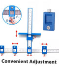 Straight Shot Precision Adjustable Woodworking Jig For Cabinet Hardware Portable Hole Punch Locator showing adjustable blue metal sliding design.