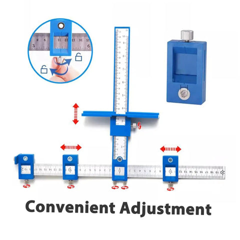 Straight Shot Precision Adjustable Woodworking Jig For Cabinet Hardware Portable Hole Punch Locator showing adjustable blue metal sliding design.