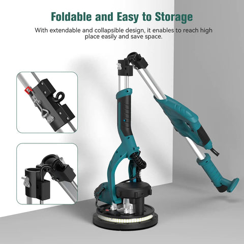Foldable Drywall Sander With LED Work Light and Auto Vacuum, 750W Motor, 6 Speed Settings showing collapsible handle