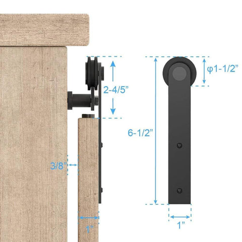 Side view of 8ft Small Sliding Barn Door Hardware Kit For Double Doors With Spliced Tracks And Floor Guides installation