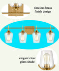 Industrial 4 Light Vanity Fixture With Clear Glass Bath Wall Sconces In Dope Gold Finish, Mid Century Inspired Vibe For Modern Bathrooms