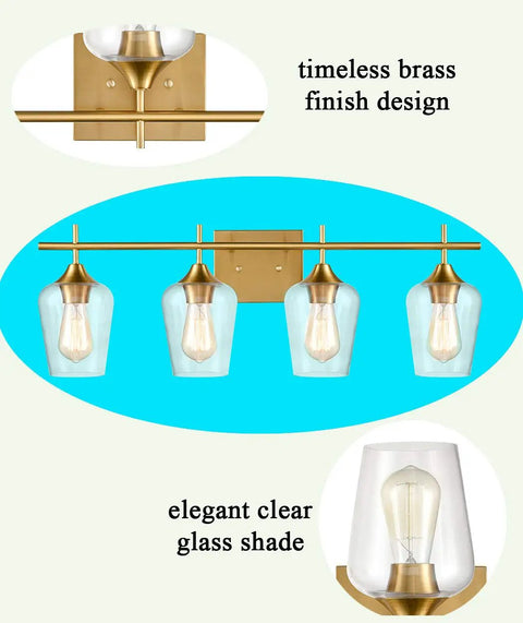 Industrial 4 Light Vanity Fixture With Clear Glass Bath Wall Sconces In Dope Gold Finish, Mid Century Inspired Vibe For Modern Bathrooms