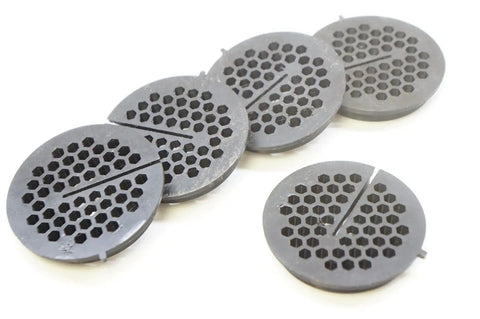 Keyed Throat Insert Plate For Delta 14 Inch Bandsaw 2.5 Inch Diameter 3D Printed shown flat with hexagonal grooves
