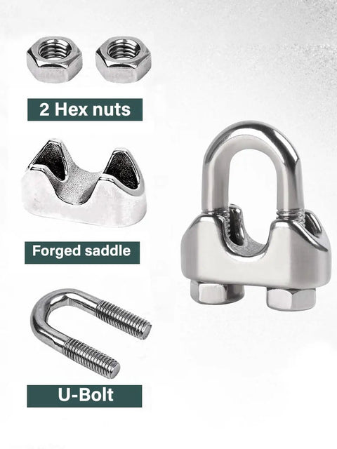 One Quarter Inch M6 Wire Rope Clamp Kit With Twelve Clamps And Ten Thimbles 304 Stainless Steel Rigging Hardware components