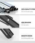 Rugged Matte Black Folding Shelf Brackets close-up of high-quality steel, smooth edges, and spacers for garage and workshop use.