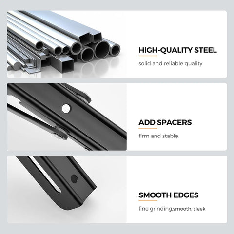 Rugged Matte Black Folding Shelf Brackets close-up of high-quality steel, smooth edges, and spacers for garage and workshop use.