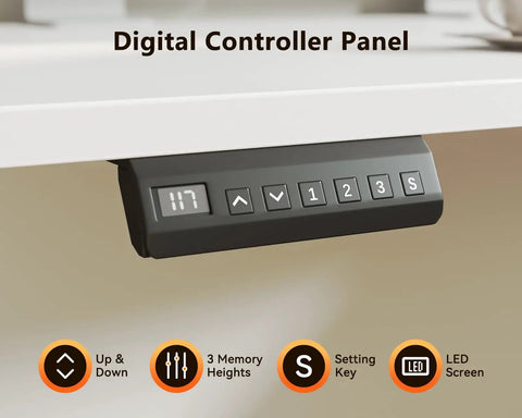 Digital control panel of 63 Inch Sit To Stand Electric L Shaped Desk With Height Adjustment Range 27.9 To 46.1 Inches, Reversible Corner Setup