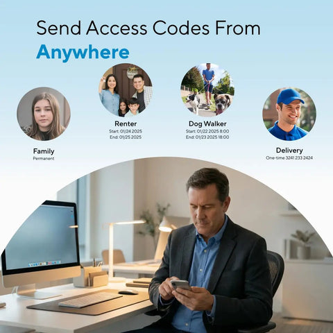 Man using phone to send access codes with Ubolt Dope WiFi Smart Lock with Door Sensor and Built In Keypad Deadbolt