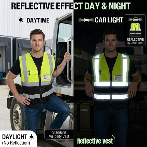 Hella High Visibility Safety Vest Featuring Fully Customizable Team Logos And Heavy Duty Reflective Strips showing day and night reflective effects.