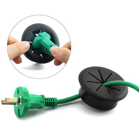 Flexible Desk Cord Grommet Pair Black Wire Organizer Hole Covers manage and hide PC desktop cables with a green plug