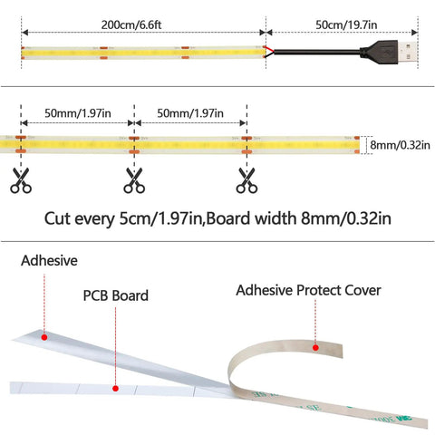 Detailed view of 5V USB COB LED Strip Light With 640 LEDs, 6.6Ft IP65 Waterproof, showcasing dimensions and adhesive backing
