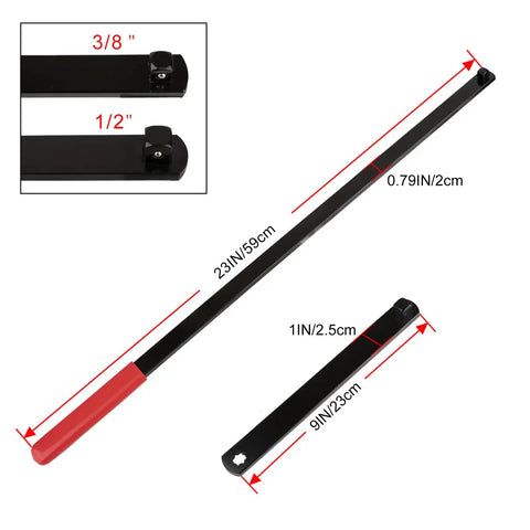 8 Piece Serpentine Belt Tool Kit With 3/8 Inch Drive And 1/2 Inch Drive Belt Tensioner Wrench Set showing tool dimensions
