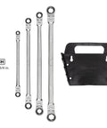 Long Flex Ratcheting Box End Wrench Set 4 Piece With Holder Extra Long Reach For Maximum Leverage Sizes 5/16 To 3/4 Inch
