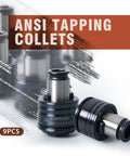 Versatile ANSI Tapping Collets Set For M16 Electric Tapping Machine with 1/4 inch adapter visible, high-precision steel design.