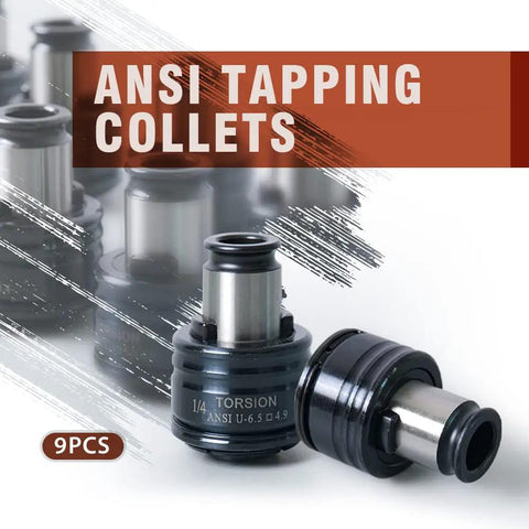 Versatile ANSI Tapping Collets Set For M16 Electric Tapping Machine with 1/4 inch adapter visible, high-precision steel design.