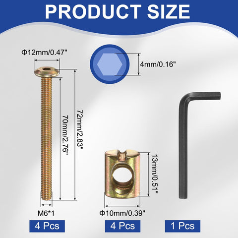 4 Piece Bunk Bed Bolts And Nuts Kit M6x70mm Hex Drive Socket Cap Hardware Replacement For Beds Headboards Chairs And Other Furniture Solid Steel Build For Easy Assembly And Long Lasting Use product size guide with bolt, nut, and hex key measurements.