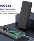 Built Tough 40Gbps M.2 NVMe SSD Enclosure With Sleek Aluminum Build And Internal Turbo Cooling Fan, showcasing internal components and USB connection.