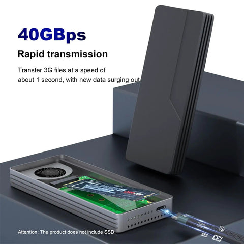 Built Tough 40Gbps M.2 NVMe SSD Enclosure With Sleek Aluminum Build And Internal Turbo Cooling Fan, showcasing internal components and USB connection.
