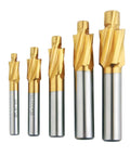 Five TiN-coated HSS-M2 counterbore end mills with silver shanks, M3–M8, 4-flute set.