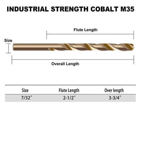 Check Out This Totally Rad 13 Piece 7/32 Inch Cobalt Drill Bit Set Made From Super Durable M35 High Speed Steel Perfect For Tough Metal Jobs And Serious DIY Hacks You Gotta Grab. 7/32 inch M35 cobalt drill bit with size and length chart