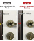 Comparison of door security before and after installation of Heavy Duty 7 Inch Outswing Door Latch Guard Plate Matte Black Stainless Steel Security Shield.