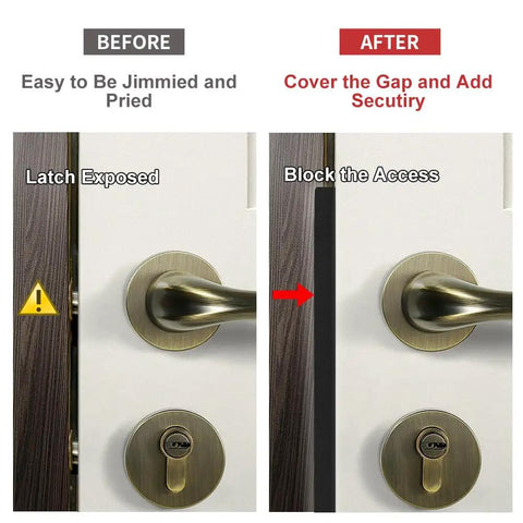 Comparison of door security before and after installation of Heavy Duty 7 Inch Outswing Door Latch Guard Plate Matte Black Stainless Steel Security Shield.