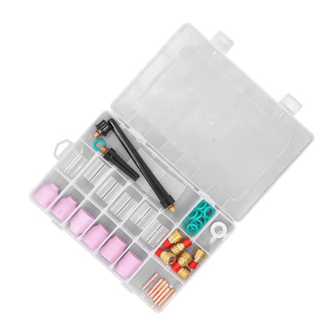Ultimate 40 Piece TIG Welding Consumables Kit For Wp9 25 With Ceramic Nozzles, Glass Cups, Back Short Electrode Clips And O Rings in container.