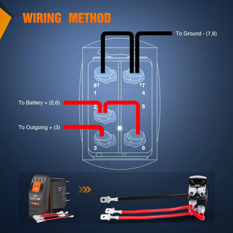 Orange Backlit 5 Pin On Off Rocker Switch For UTV LED Light Bars SPST Single Pole Rock Solid Durable Plastic Housing Easy Install Replacement Button 12V DC Operation High Conductive Pins Weather Resistant wiring diagram with 5-pin connections