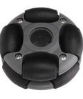 Close-up of WiseZythum 48mm omni wheel module with four black rollers on gray hub