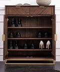Solid Wood Shoe Cabinet Featuring Modern Minimalist Profiles tailored for tight foyer layouts, showcasing black and white footwear.