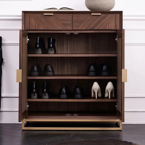 Solid Wood Shoe Cabinet Featuring Modern Minimalist Profiles tailored for tight foyer layouts, showcasing black and white footwear.
